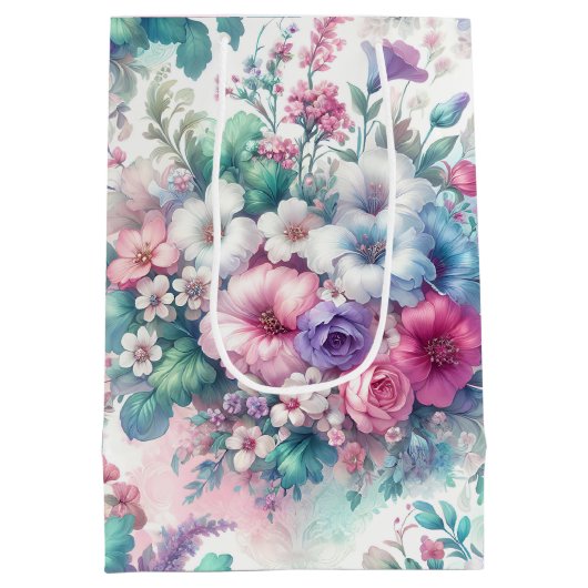 ウォーターカラーシャビーシックフローラ誕生日 ミディアムペーパーバッグ (裏面)