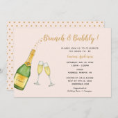 ウォーターカラーシャンパンブライダルシャワーピンク&金ゴールド 案内状 (正面/裏面)