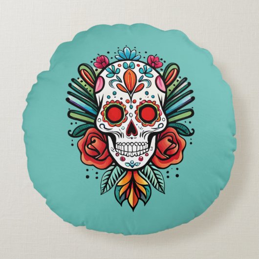 ウォーターカラーシンコデマヨシュガーカラフルスカル ラウンドクッション (正面)