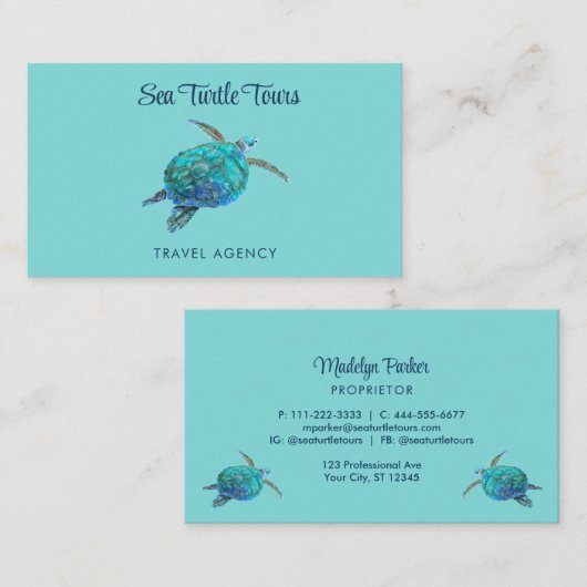 ウォーターカラーシーウミガメターコイズ 名刺 (正面/裏面)