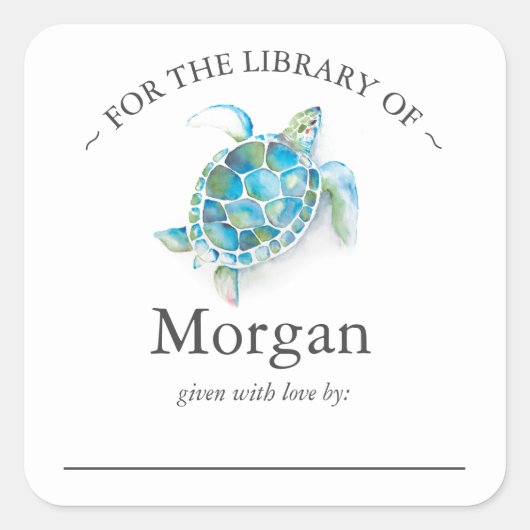 ウォーターカラーシーウミガメ蔵書票 スクエアシール (正面)