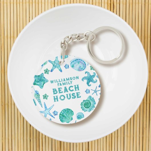 ウォーターカラーシーシェルアンドスターフィッシュビーチハウス キーホルダー