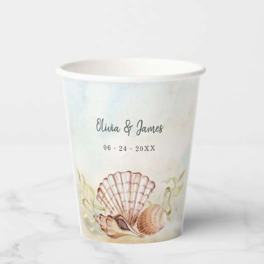 ウォーターカラーシーシェルズトロピカルビーチ結婚式 紙コップ (正面)