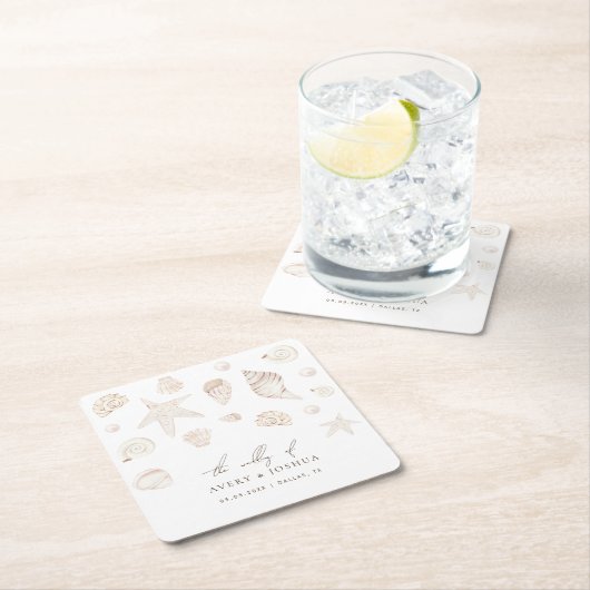 ウォーターカラーシーシェルズパール航海のビーチ結婚式 スクエアペーパーコースター (インサイチュ)