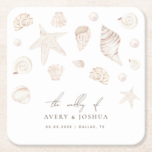 ウォーターカラーシーシェルズパール航海のビーチ結婚式 スクエアペーパーコースター (正面)