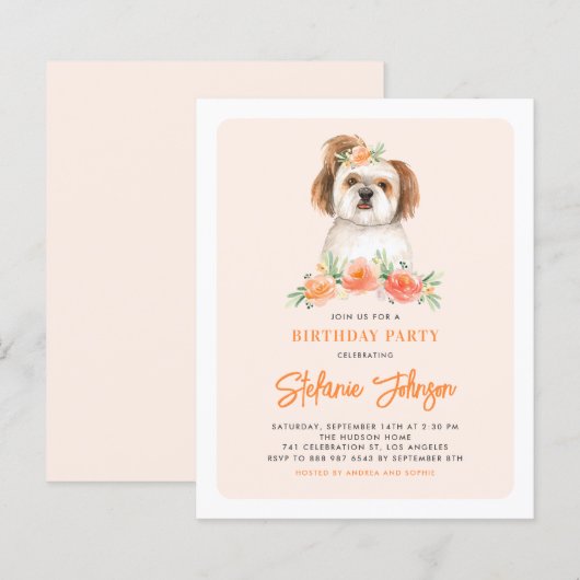 ウォーターカラーシーズー(犬)チューピーチ誕生日招待状 (正面/裏面)