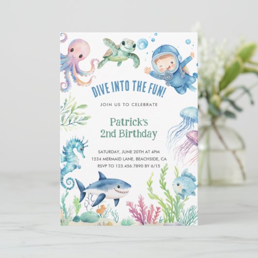 ウォーターカラーシーライフ子供の誕生日 招待状 (スタンド正面)