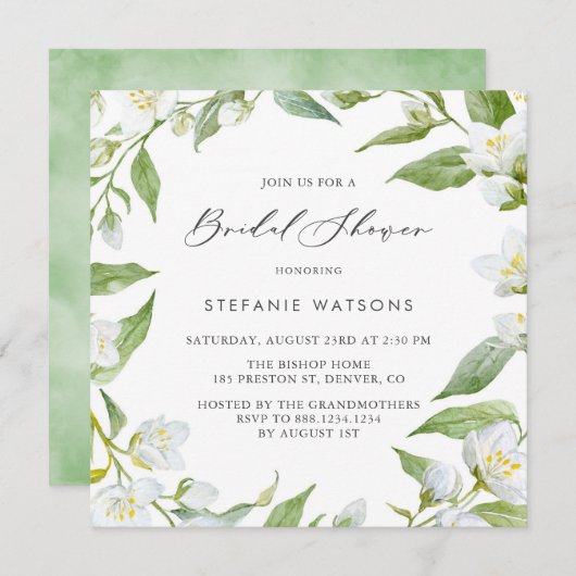 ウォーターカラージャスミン&グリーンリーブライダルシャワー 招待状 (正面/裏面)