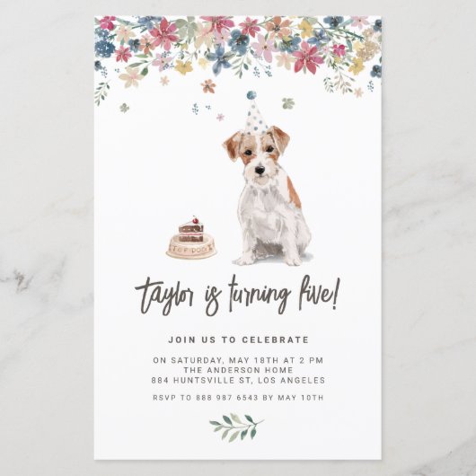 ウォーターカラージャックラッセルドッグ誕生日招待状 (正面)