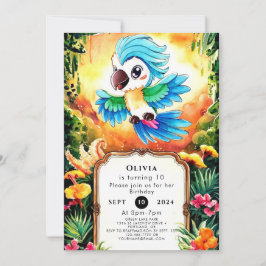 ウォーターカラージャングルオウム誕生日 招待状