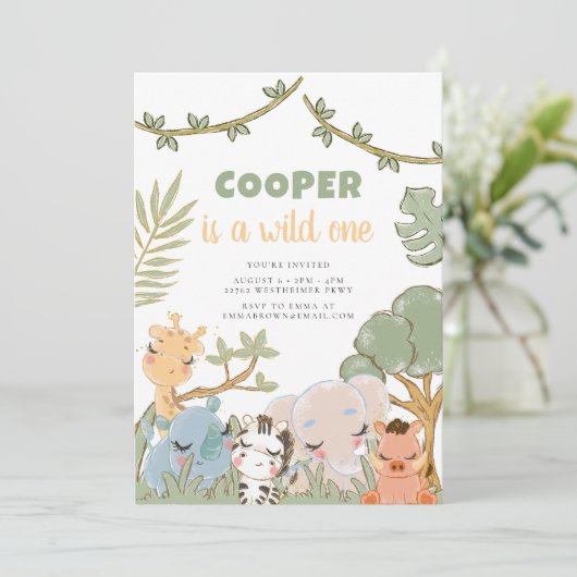 ウォーターカラージャングルパーティーサファリ誕生日 招待状 (スタンド正面)