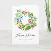 ウォーターカラージュニパーアンドホリーリースハッピーホリデイズ シーズンカード (正面)