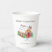 ウォーターカラージンジャーブレッドハウスメリークリスマスアート 紙コップ (正面)