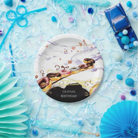 ウォーターカラースイートドーナツ誕生日 ペーパープレート (パーティー)