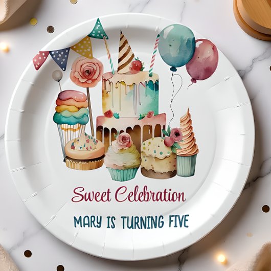 ウォーターカラースウィートお祝い子供の誕生日 ペーパープレート