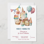 ウォーターカラースウィートお祝い子供の誕生日 招待状 (正面)