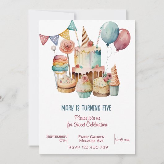 ウォーターカラースウィートお祝い子供の誕生日 招待状 (正面)