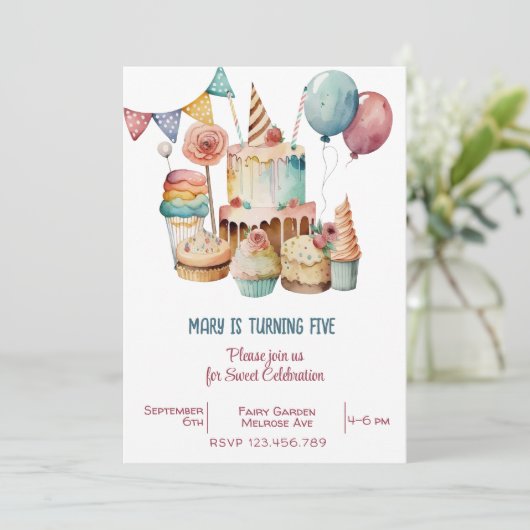 ウォーターカラースウィートお祝い子供の誕生日 招待状 (スタンド正面)