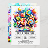 ウォーターカラースウィート棒つきキャンデー誕生日 招待状 (正面/裏面)