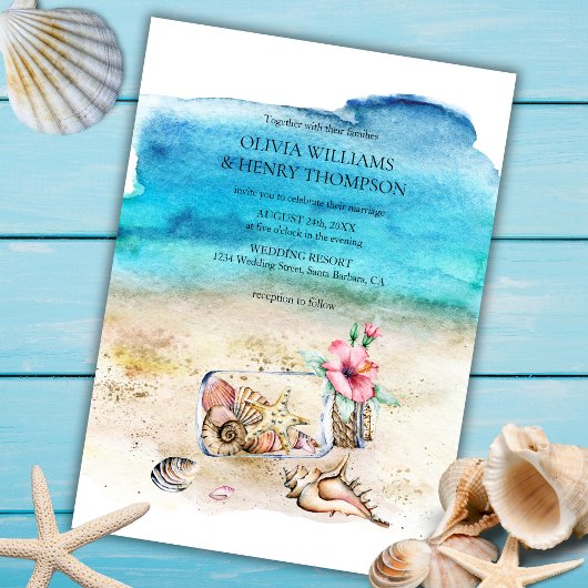 ウォーターカラースターフィッシュ&シーシェルビーチ結婚式 招待状