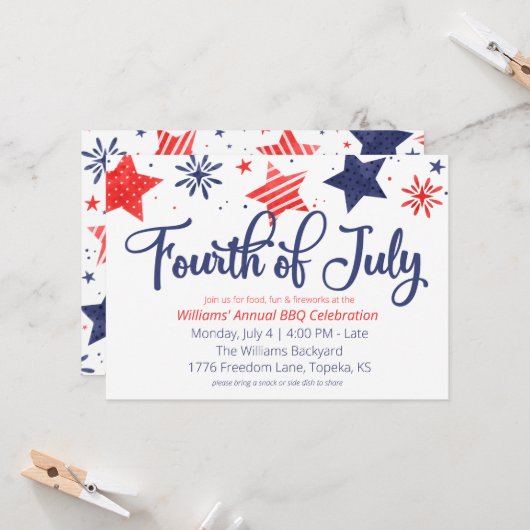 ウォーターカラースター7月4日パーティの招待状 カード (正面/裏面インサイチュ)