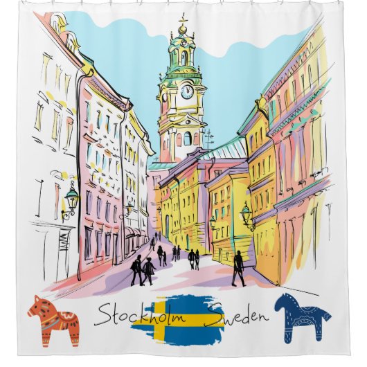 ウォーターカラーストックホルムスウェーデン旅行ギフトホワイト シャワーカーテン (正面)