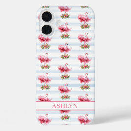 ウォーターカラーストライプの花とフラミンゴ iPhone 16 PLUSケース