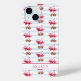 ウォーターカラーストライプの花とフラミンゴ iPhone 15ケース