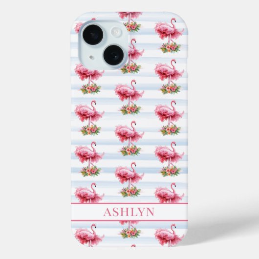 ウォーターカラーストライプの花とフラミンゴ Case-Mate iPhoneケース (裏面)