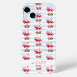 ウォーターカラーストライプの花とフラミンゴ iPhone 15 MINIケース
