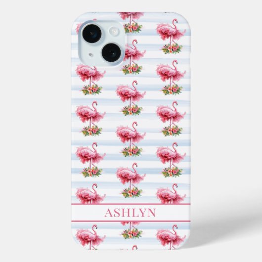 ウォーターカラーストライプの花とフラミンゴ Case-Mate iPhoneケース (裏面)