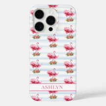 ウォーターカラーストライプの花とフラミンゴ