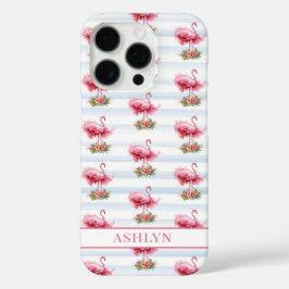 ウォーターカラーストライプの花とフラミンゴ iPhone 16 PROケース