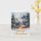 ウォーターカラースノーキャビンクリスマスカード - 居心地の良い冬 カード (黄色い花)