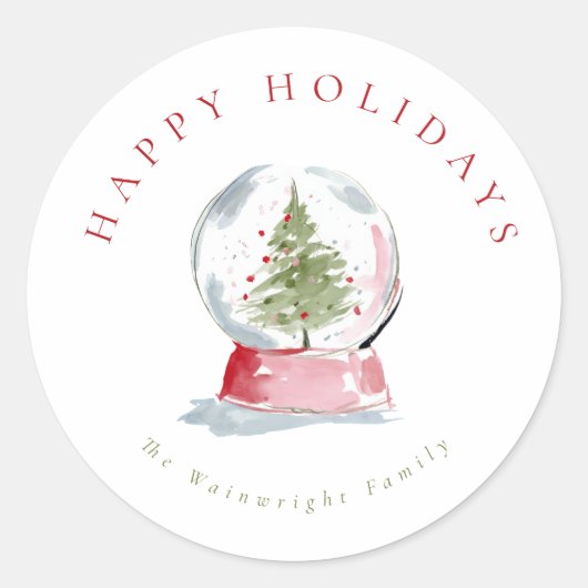 ウォーターカラースノーグローブのクリスマス ラウンドシール (正面)