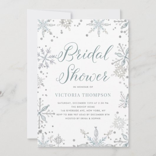 ウォーターカラースノーフレークグリッター冬ブライダルシャワー 招待状 (正面)
