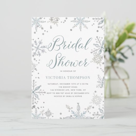 ウォーターカラースノーフレークグリッター冬ブライダルシャワー 招待状 (スタンド正面)