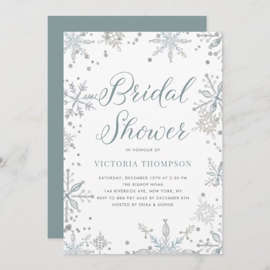 ウォーターカラースノーフレークグリッター冬ブライダルシャワー 招待状 (正面/裏面)