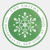 ウォーターカラースノーフレークグリーンホリデー差出人住所 ラウンドシール (正面)