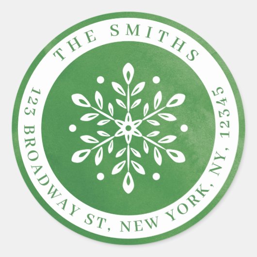 ウォーターカラースノーフレークグリーンホリデー差出人住所 ラウンドシール (正面)