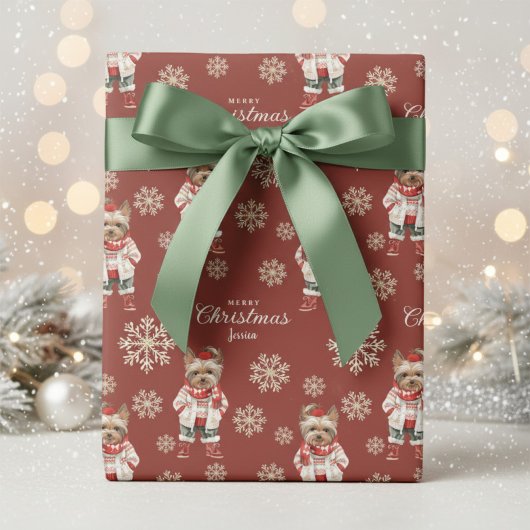 ウォーターカラースノーフレークステラコッタヨークシャーテリアクリスマス ラッピングペーパー