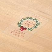 ウォーターカラースノーベリーグリーンリースホリデーパーティー アクリル招待状 (レイダウン)