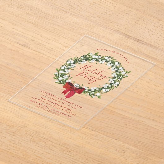 ウォーターカラースノーベリーグリーンリースホリデーパーティー アクリル招待状 (レイダウン)