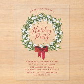 ウォーターカラースノーベリーグリーンリースホリデーパーティー アクリル招待状 (正面)