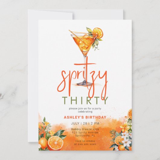 ウォーターカラースピリッツオレンジ色の花誕生日 招待状 (正面)