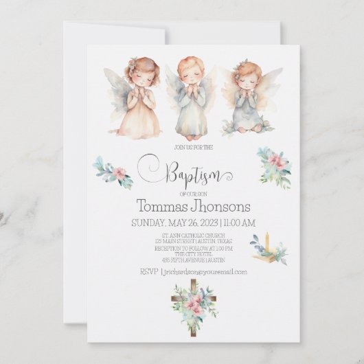ウォーターカラースリーエンジェルベビーバプテスマ招待状 招待状 (正面)