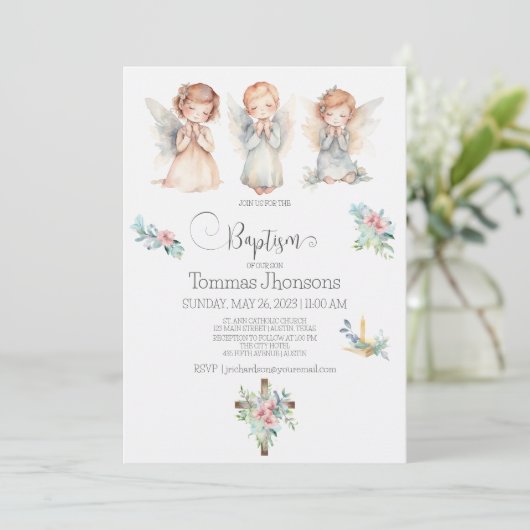 ウォーターカラースリーエンジェルベビーバプテスマ招待状 招待状 (スタンド正面)