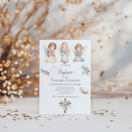 ウォーターカラースリーエンジェルベビーバプテスマ招待状 招待状