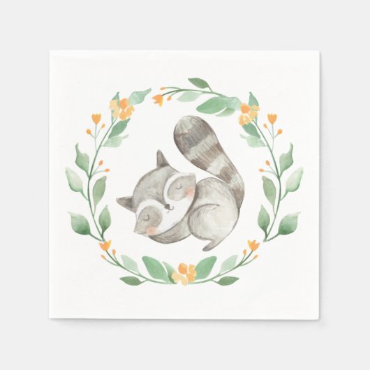 ウォーターカラースリーピングラクーングリーンリース スタンダードカクテルナプキン (正面)