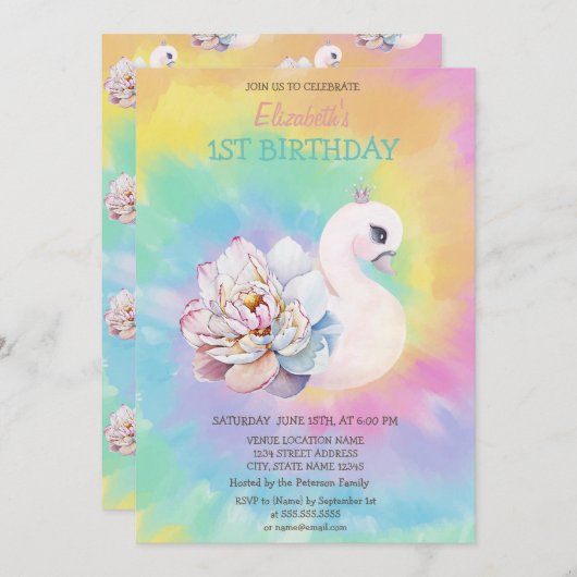 ウォーターカラースワンフラワーズ絞り染め誕生日 招待状 (正面/裏面)